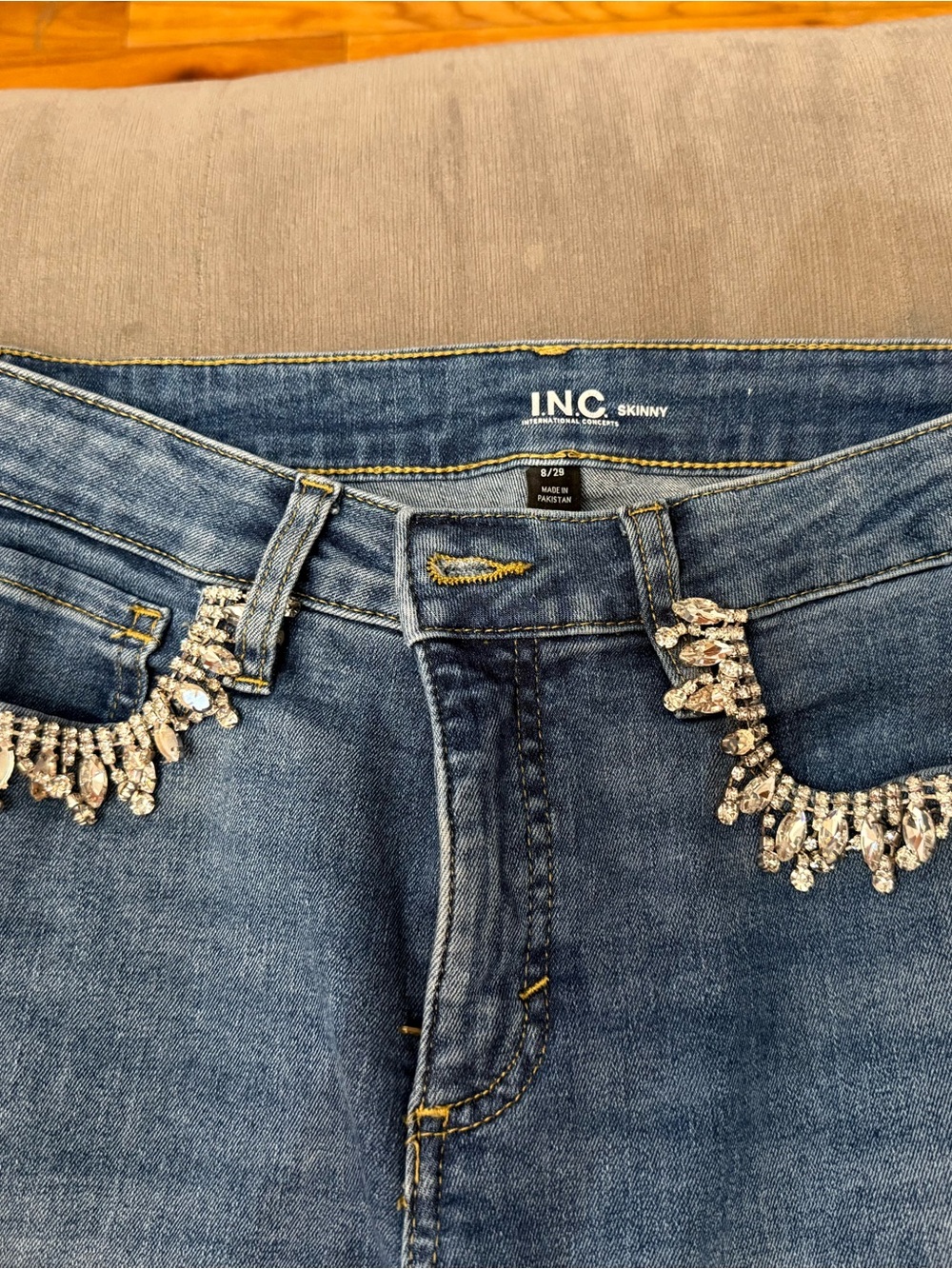 INC International Concepts Women's Blue Skinny Jeans with Jeweled Waist
